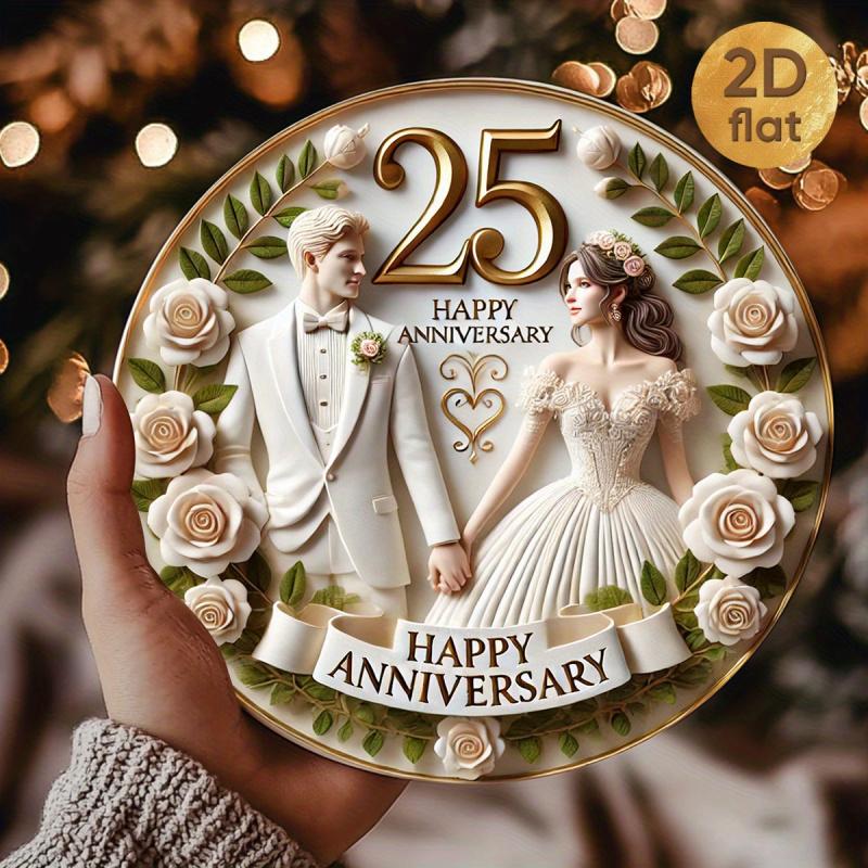 1PC 25th Anniversary Metal Wall Plaque - Old Silver Wedding Celebration Design, 19.99x 19.99cm Round Iron Sign, Featuring a Couple in Formal Attire, Rose and Heart Patterns, Perfect for Home, Office, Bar, Coffee Shop Decoration, Indoor/Outdoor Use, Ideal