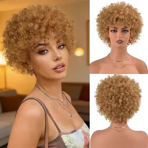 Short Loose Curly Afro Wigs 8 Inch Big Bouncy Kinky Curly Bob Wig with Bangs for Women Synthetic Hair Wig