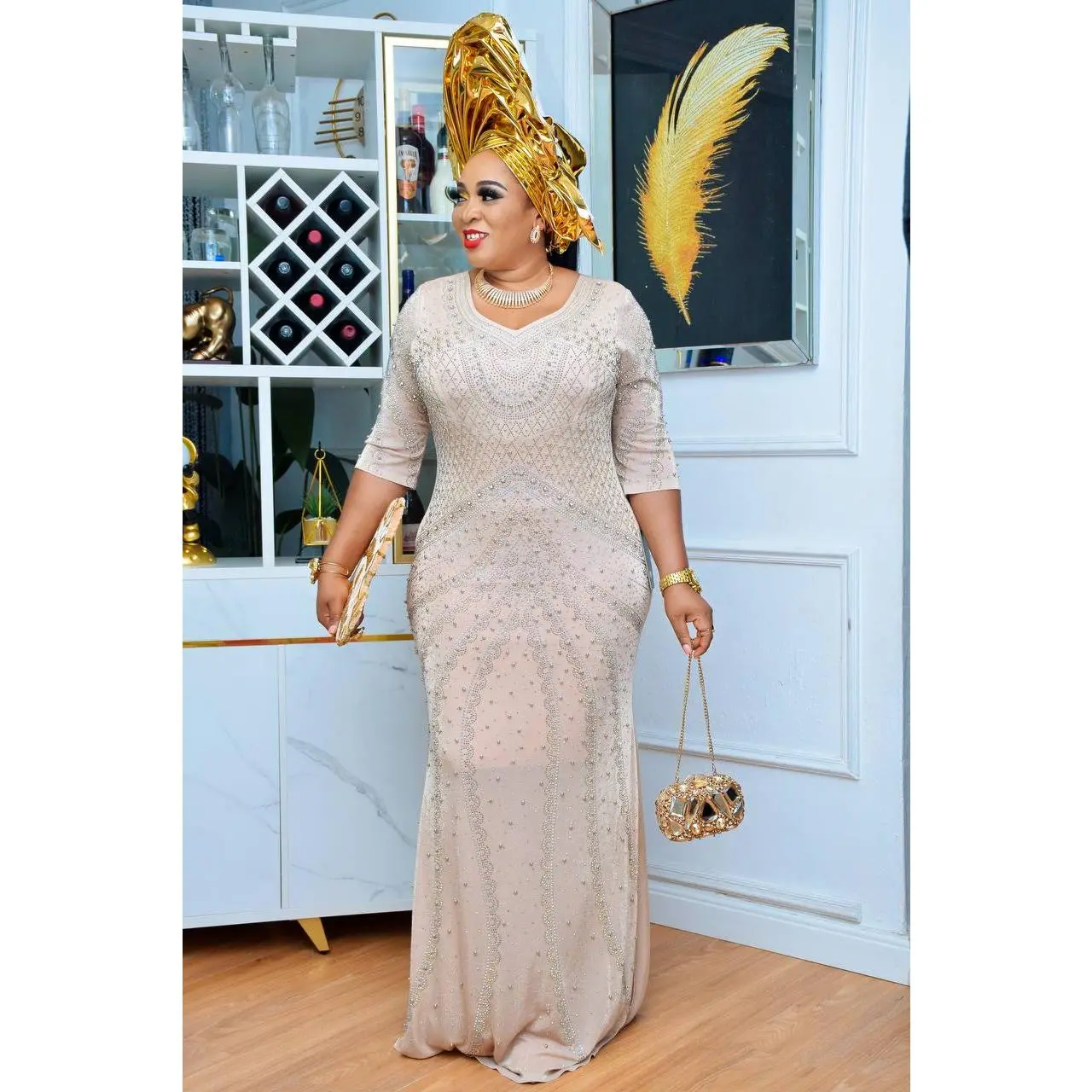 Gold Embellished Wedding Guest Dress Formal Evening Gown for Mother of The Groom Cocktail Party Anniversary Birthday Photoshoot Celebrant Worthy Plus Size
