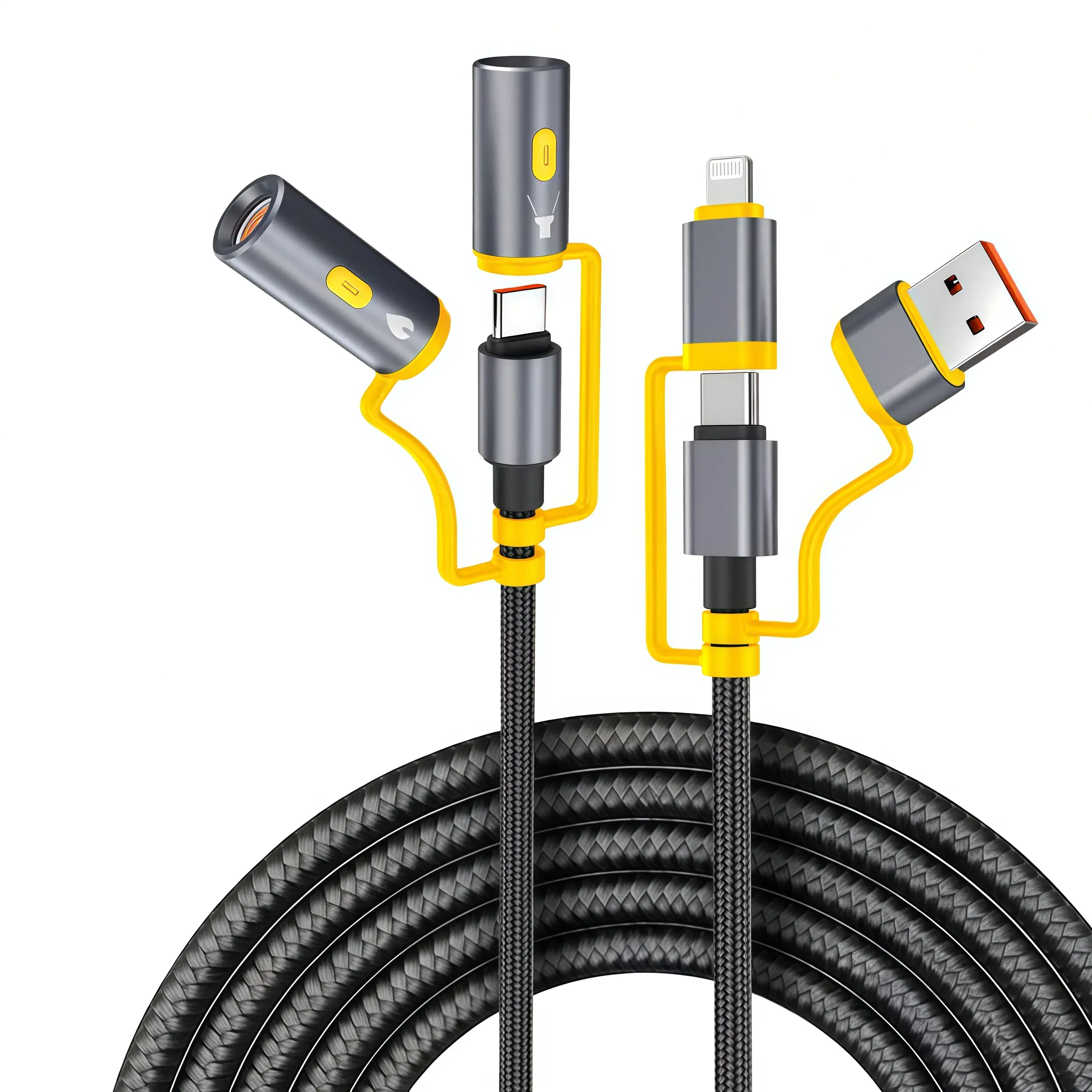 6-in-1 Multi Fast Charging Cable USB Type C Portable & Lightning for iPhone Android Laptops Data Sync PD 60W 4FT Nylon Braided with Built-in Light Handy Car Charger Adapter Durable