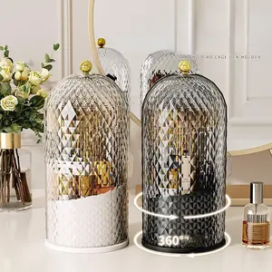 Makeup Brush Holder with Lid Diamond Pattern 360 Rotating Waterproof Dustproof Storage Box for Vanity Bathroom