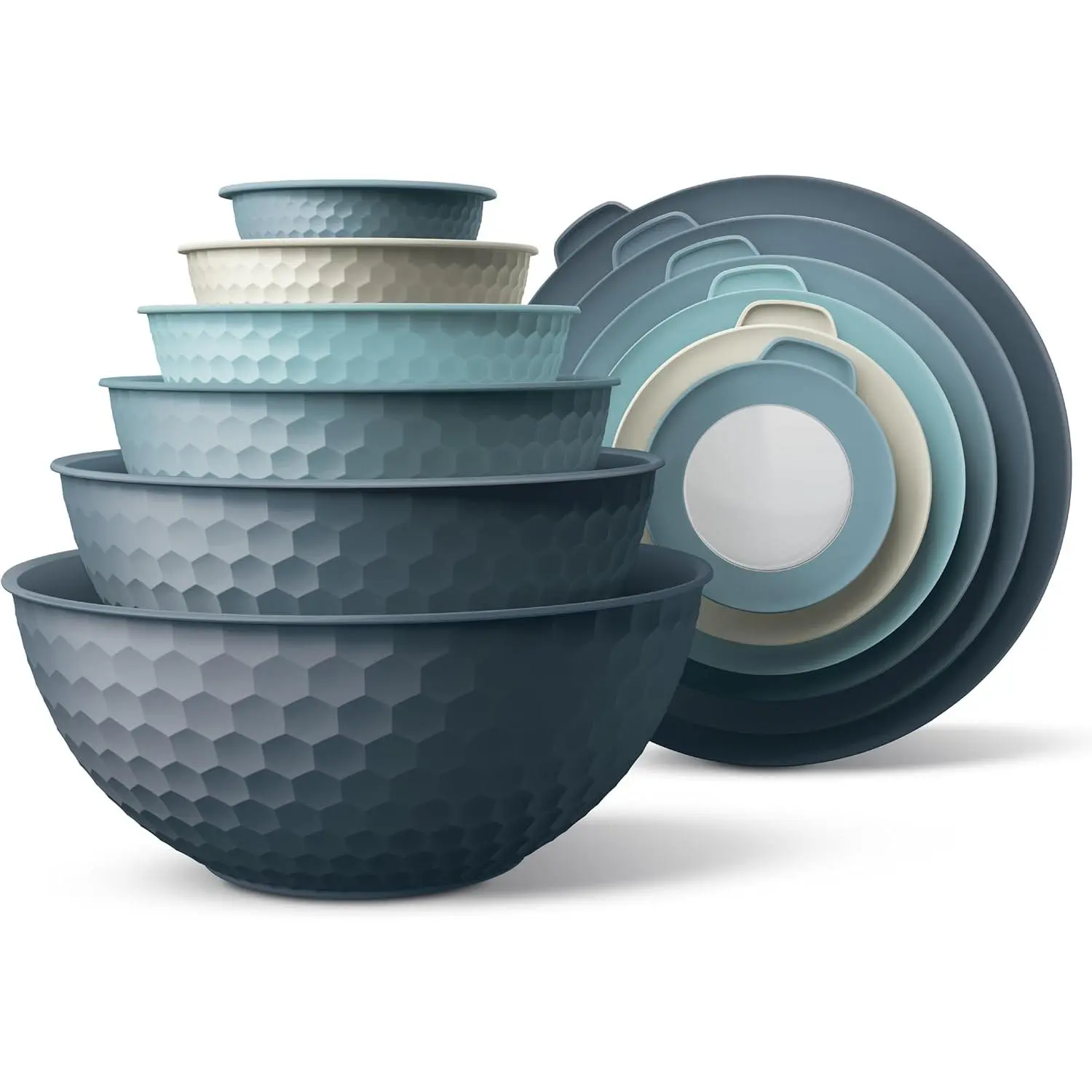 COOK WITH COLOR Mixing Bowls with Lids - 12 Piece Plastic Nesting Bowls Set includes 6 Prep Bowls and 6 Lids, Microwave Safe Mixing Bowl Set, Blue Embossed