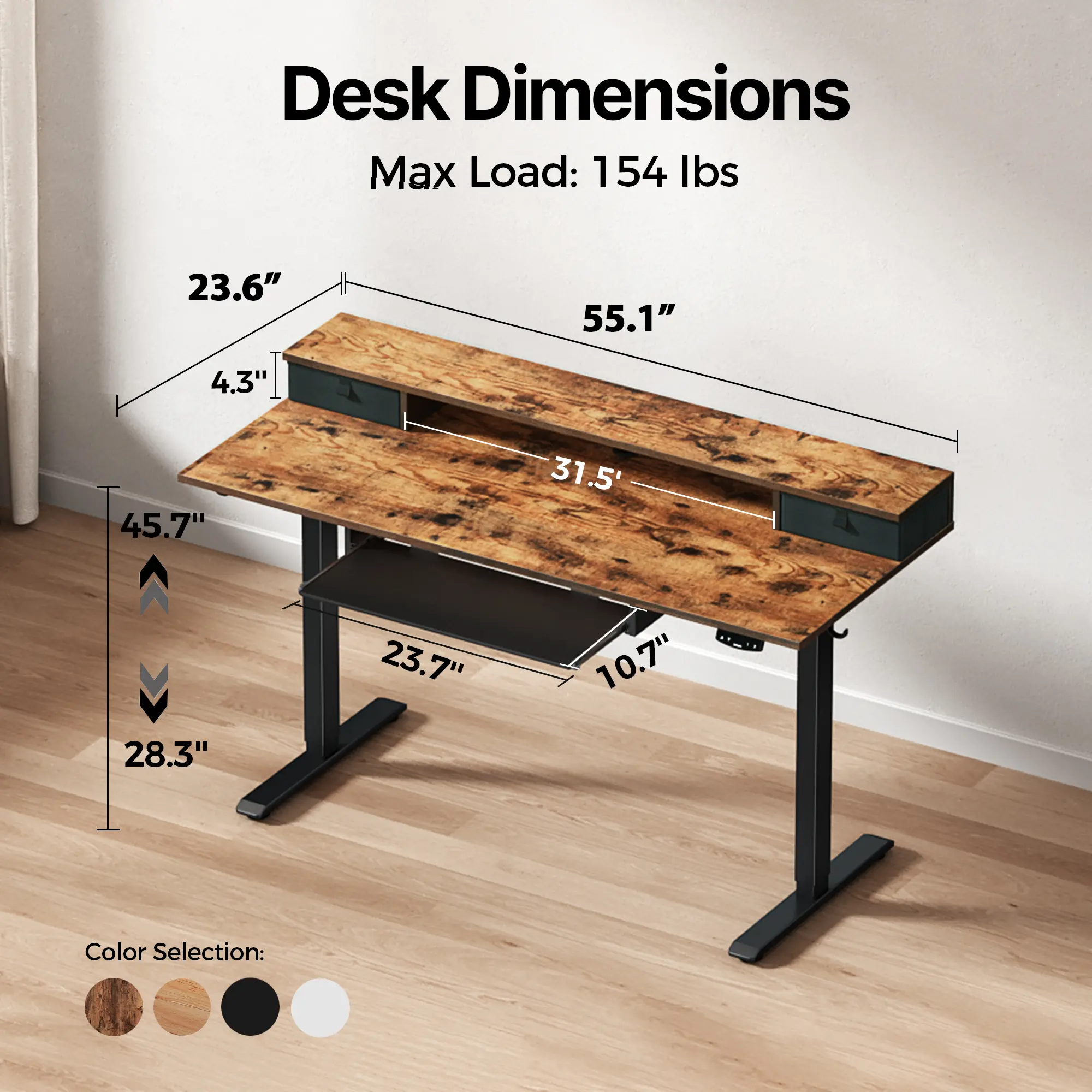 Rustic Brown /55.1“ - with Drawers & Keyboard Tray