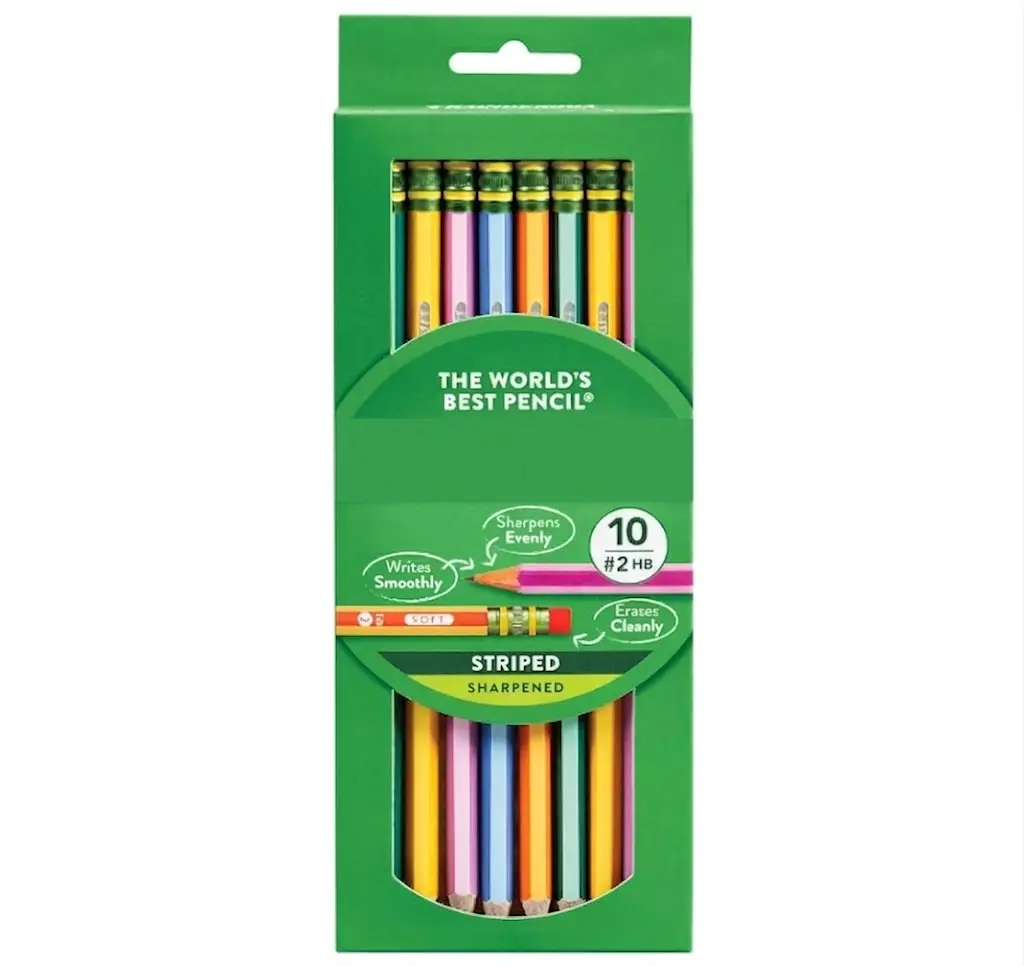 X13910 Striped Wood-Cased Pencils, 2 HB Soft, Pre-Sharpened, 10 Count, Assorted Colors