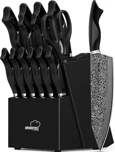 Amorston Knife Set 15 Pieces with Built-in Sharpener, High Carbon German Stainless Steel Knife Block, Dishwasher Safe