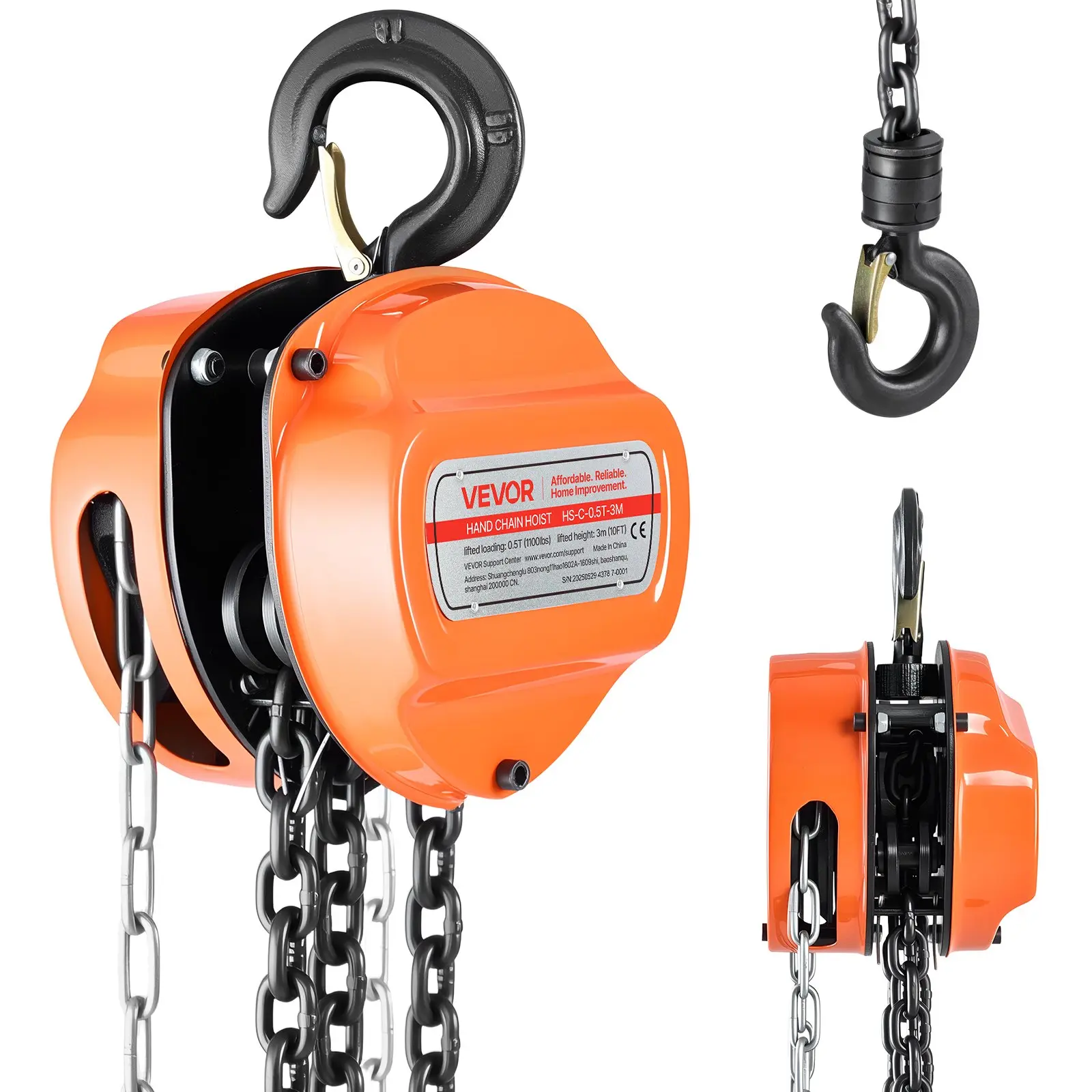 VEVOR Hand Chain Hoist, 1/2 Ton 1100 lbs Capacity, Manual Chain Block with Upgrade G80 Galvanized Chain, 10 ft Lifting Height, Heavy Duty Pulley Hoist for Garage Warehouse Automotive Machinery, OrangeSummervibes