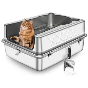 Extra Large Stainless Steel Cat Litter Box, 27.5" L x 19.7" W x 14" H XXXL Semi Enclosed Removable Metal Litter Tray with High Sided Enclosure, Scoop, Anti-Leakage, Non-Sticky, Easy Cleaning