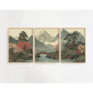 Japanese Wall Art Triptych Print Traditional Mountain Landscape Poster Set  Zen Nature Decor For Living Room Asian Inspired Home Decor green minimalist