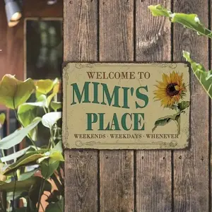 Vintage "Welcome To Mimi's Place" Tin Sign, Rustic Floral Wall Art for Home Bar, High-Quality Metal Plaque Rectangle Design, Easy Mount Gift, 8x12 Inch