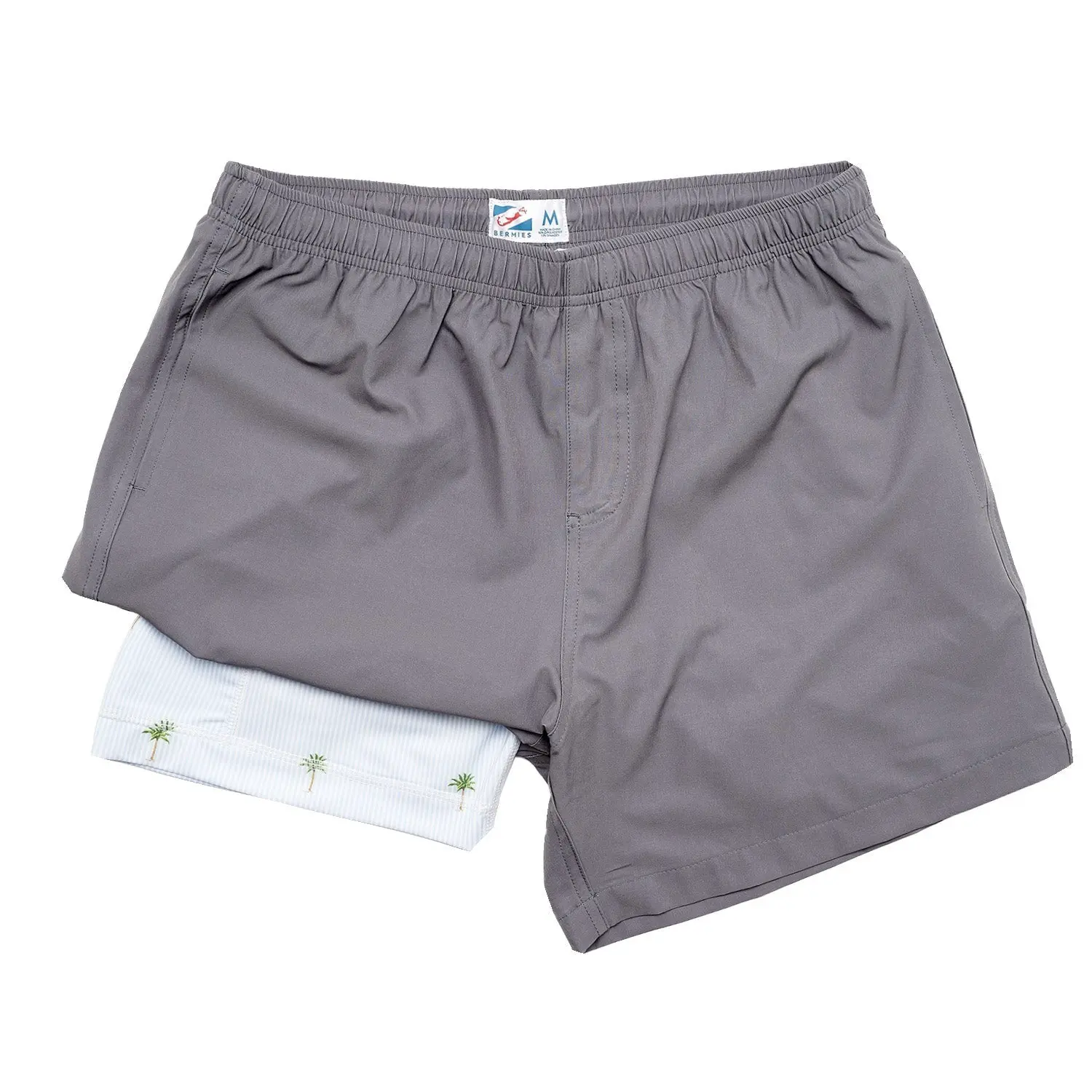 Grey (Palm Stripes)- Chafe-Free Swim Trunks - 5 Inseam