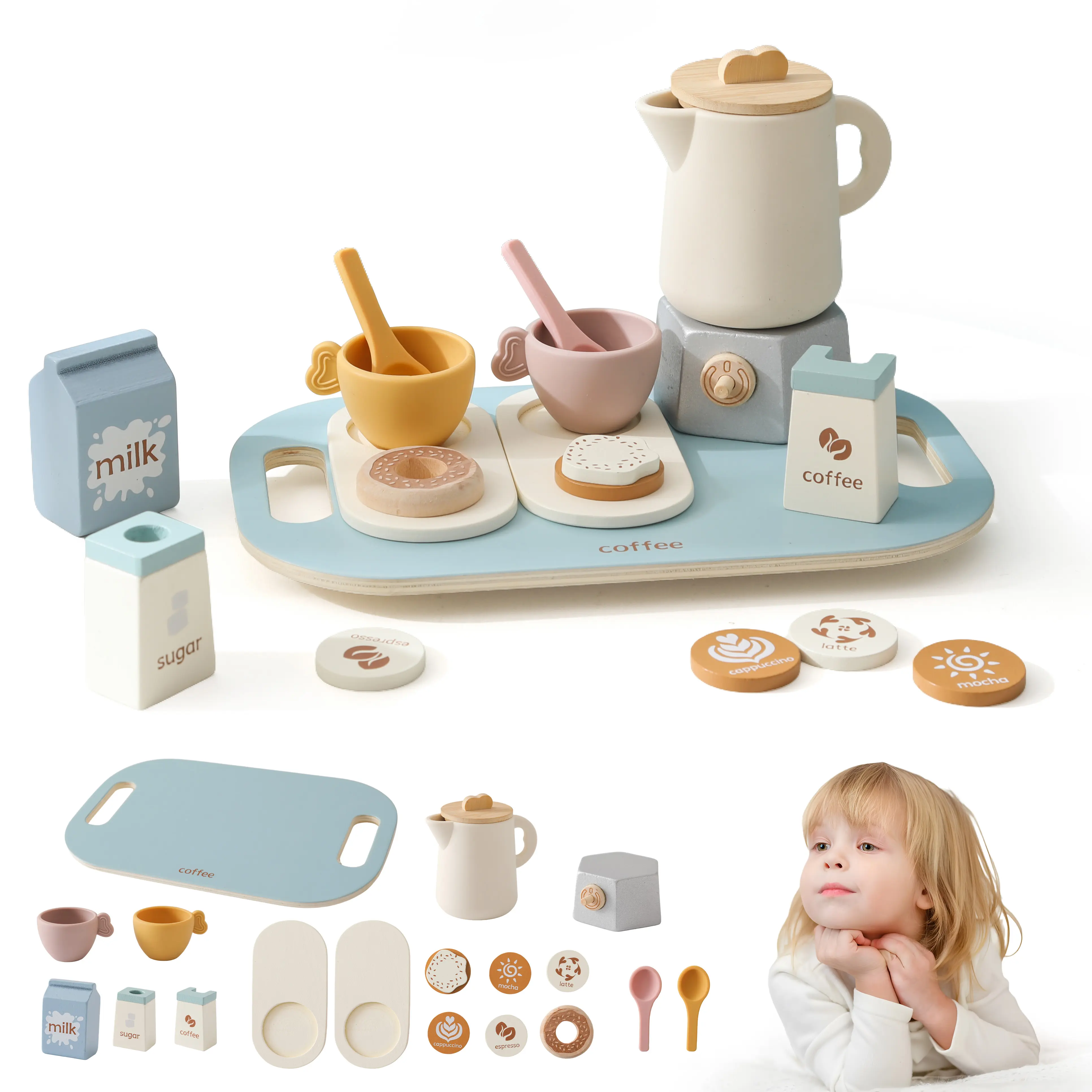 DealsForYouDays 18-Piece Wooden Toddler Kitchen Pretend Play Set - Child-Sized Pretend Tea & Coffee Mini Kitchen Playset with Silicone Accessories, Lemon Slice Play, Ideal Toddler Gifts