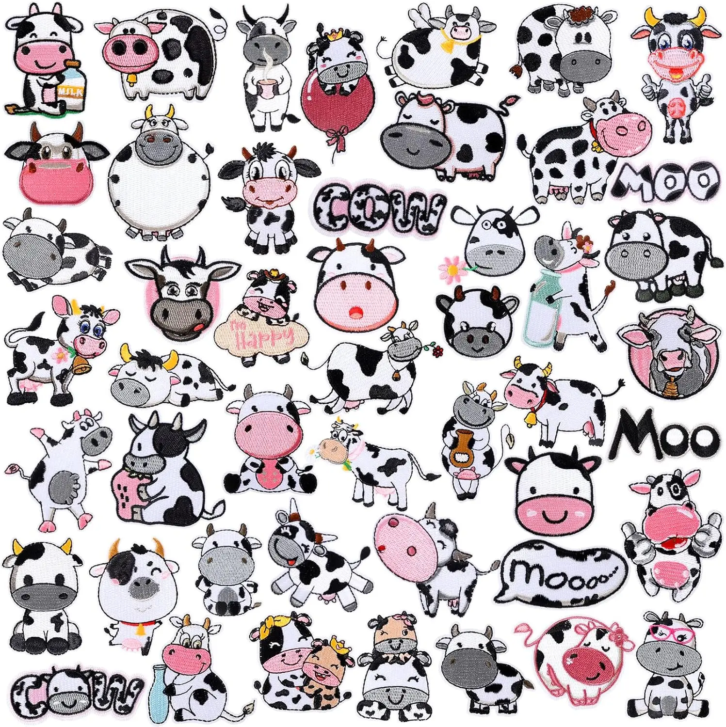 48 Pcs Chenille Iron on Patches, Iron on Hat Patches Bulk Embroidered Patches for Hats Clothes Cute Repair Patches Kit Sew on Applique DIY Accessory for Backpack Pants Jeans(Cow)