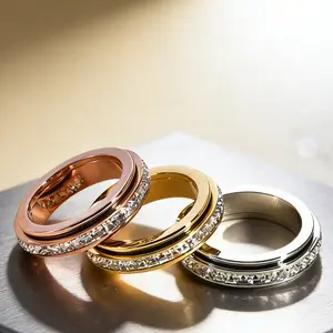 Tri Color Titanium Steel 5mm Micro Paved CZ Rotatable Spinning Time and Fortune Couple Ring Set Unisex Fidget Jewelry