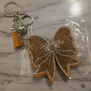 Bow Keychain with Rhinestones and Tassel - Brown Color, Decorative Accessory for Keys and Bags
