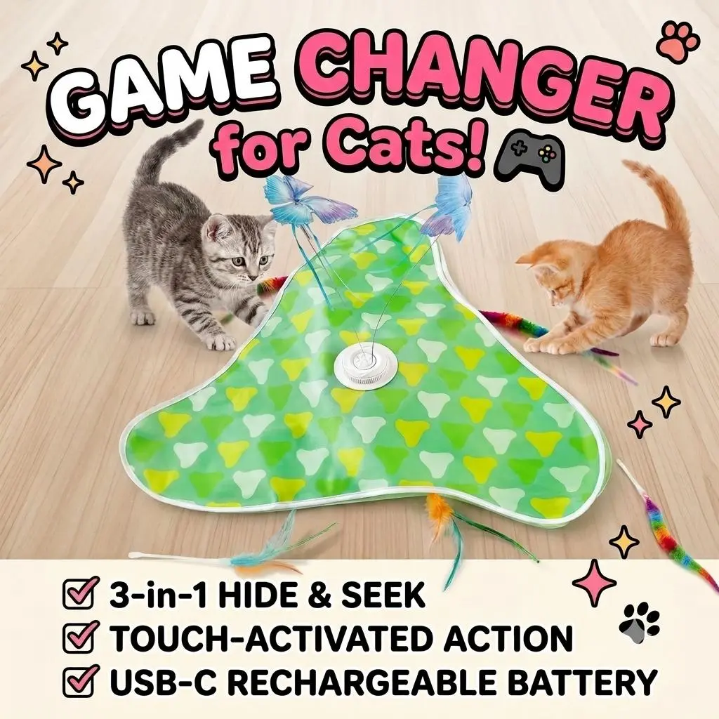 3-in-1 Automatic Hide & Seek Cat Toy Mat - Interactive Peekaboo Moving Feather & Butterfly Wand, Smart Motion Activated Toy for Indoor Bored Cats