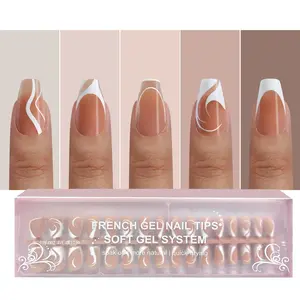 150Pcs French Tip Press on Nails,5 Style French Tip Soft Lines Press On Nails Short Coffin,No Need to File 4 in 1 Gel Nail Tips Pre-lasting,Soak off False Nail Tips for Women 15 Size