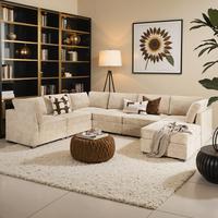 Beige Corduroy 3 Corner + 3 Middle + 1 Ottoman