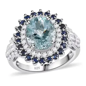 Aquamarine, Blue Sapphire & Zircon Double Halo Ring in Rhodium over Sterling Silver 3.80ctw