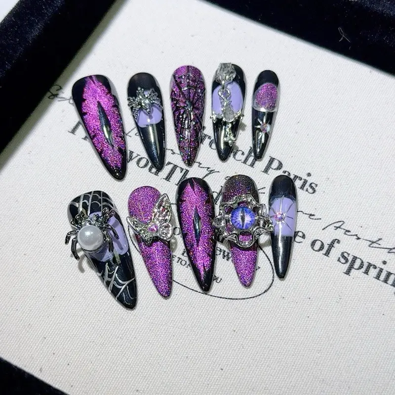 Luxury Gothic Purple Cat Eye Press-on Nails | 3D Spider & Butterfly Long Coffin Nails