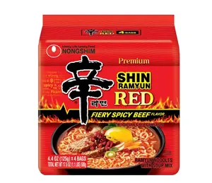 Nongshim Premium Shin Ramyun Red Fiery Spicy Beef Flavor Ramen Noodle Soup Pack 4.4oz x 4 Count Shelf Stable 11.8oz Total
