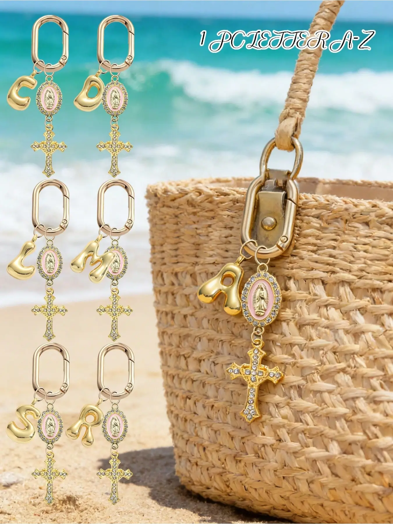 A-Z Letter Religious Bag Charms, Purse Charms, Purse Accessories Charm, Gold-Plated Crystal Cross & Virgin Mary Bag Pendant, Christian Keychain, Suitable For Beach Bags, Backpacks, Devout Believers, Gift Givers, For Easter, Mother's Day, Baptism