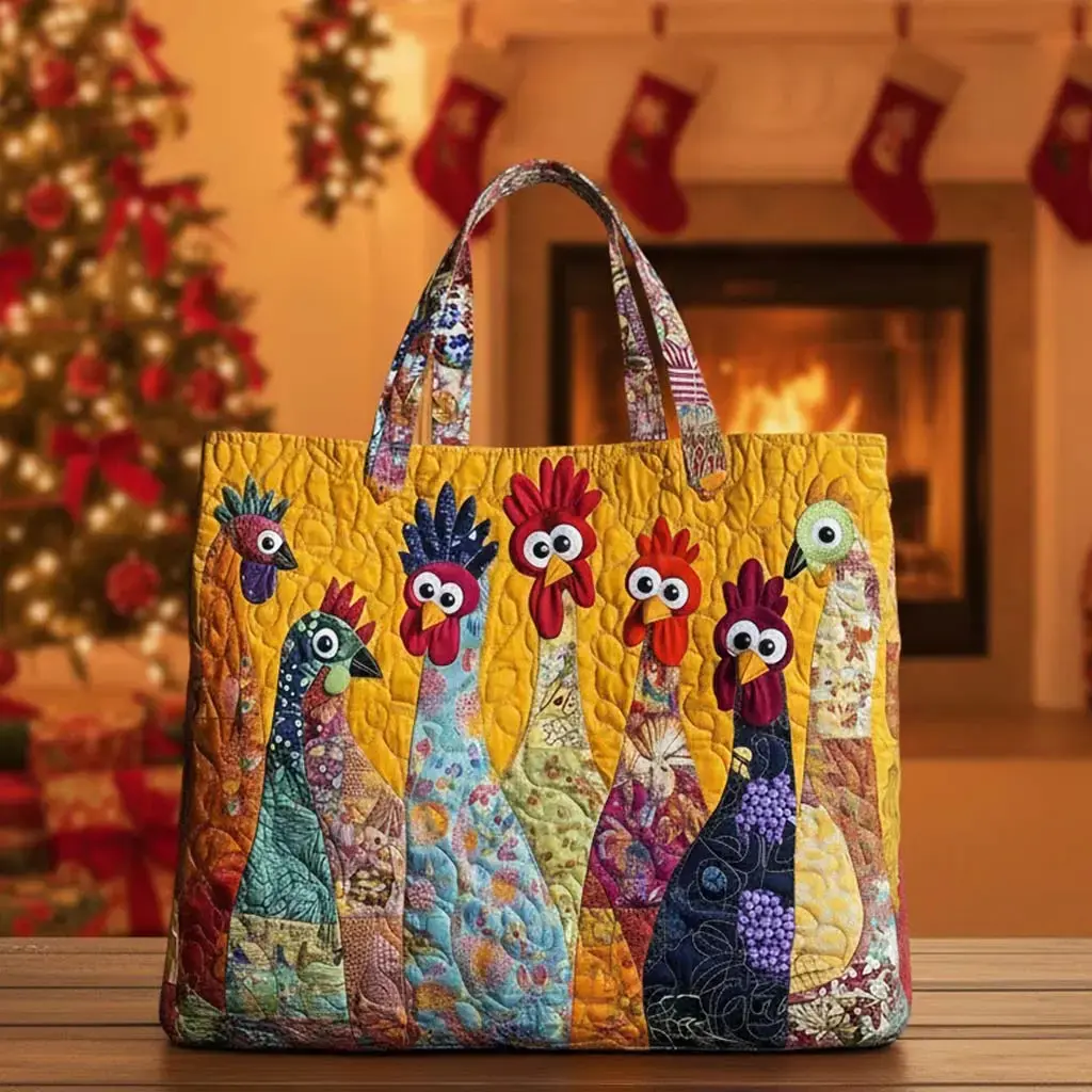 Large Capacity Chicken Quilted Tote Bag For Work & Travel Multi Color Chicken Quilt Tote Durable Patchwork Shoulder Bag For Daily Essentials Lightweight Chicken Patchwork Tote Quilted Tote Bag For School, Work & Weekend