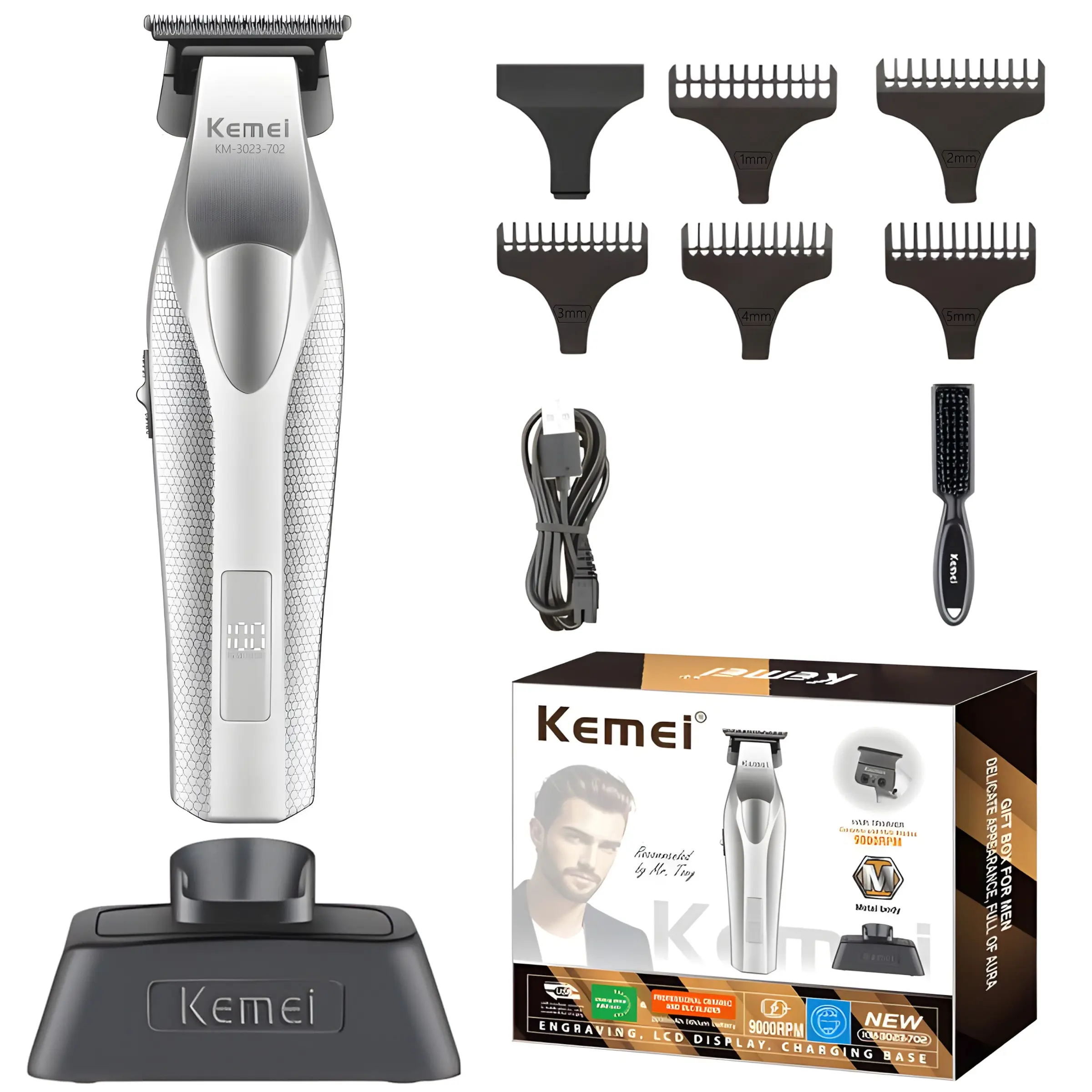 Kemei Men's Hair Clipper, Stainless Steel Blade, Low Noise, Type-C Rechargeable, LCD Display, Cordless, Family Use, All Ages, Cordless Quiet Trimmer