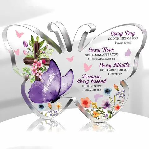 Acrylic Butterfly Cross Bible Verse Decorative Plaque, Religious Floral Design, Gifts for Women & Moms, Mothers Day, Birthday, Christmas, Acrylic Desktop Decoration, Indoor Home Decoration, Acrylic Signage Plaque, Home Decor Accessories