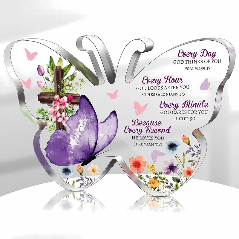 Acrylic Butterfly Cross Bible Verse Decorative Plaque, Religious Floral Design, Gifts for Women & Moms, Mothers Day, Birthday, Christmas, Acrylic Desktop Decoration, Indoor Home Decoration, Acrylic Signage Plaque, Home Decor Accessories