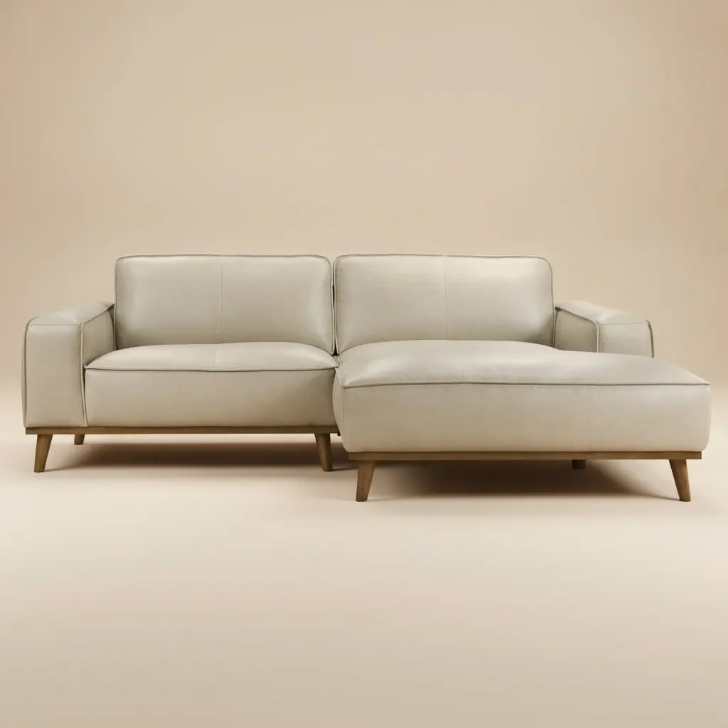 Clifton Beige Leather Sectional Sofa Right Facing Chaise