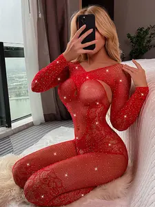 Women's Plus Size Rhinestone Fishnet Lace Bodysuit, Sexy Shiny Sheer for Valentine's Day & Date Night, All Seasons Fashion