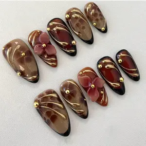 Medium-Long Almond Caramel Amber Press-On Nails, Retro Tortoiseshell 3D Flower False Nails, Removable Nail Tips for Elegant Mature Style, with Jelly Glue & Nail File Included