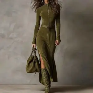 Elegant Western Maxi Dress with Belt Stand Collar Zipper Patchwork Long Sleeve Chic Party Dress for Women Casual Womenswear