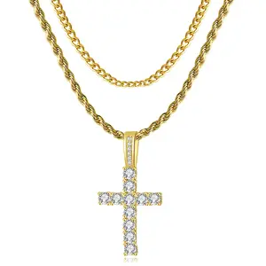 Cross Pendant Necklace for Men 14K Gold Silver Plated Cubic Zirconia Stainless Steel Cuban Link rope Layered Chains 18-24 Inch Jewelry Gifts