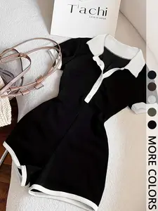 Women's Casual Polo Neck Jumpsuit with Contrast Trim, Fitted Short Sleeve Knitted Romper for Summer Style, Comfortable and Trendy
