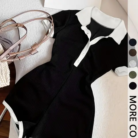 【Black Friday】Women's Casual Polo Neck Romper with Contrast Trim, Fitted Short Sleeve Knitted Romper for Summer, Breathable, Comfortable, Trendy for Everyday Wear
