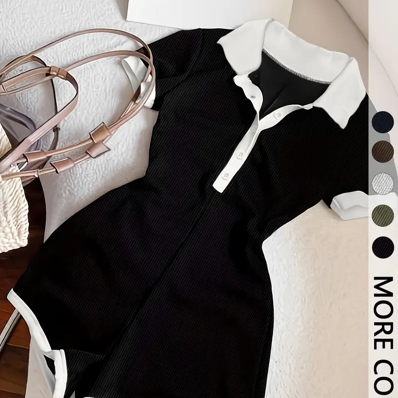 【Black Friday】Women's Casual Polo Neck Romper with Contrast Trim, Fitted Short Sleeve Knitted Romper for Summer, Breathable, Comfortable, Trendy for Everyday Wear