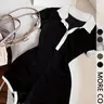 【Black Friday】Women's Casual Polo Neck Romper with Contrast Trim, Fitted Short Sleeve Knitted Romper for Summer, Breathable, Comfortable, Trendy for Everyday Wear