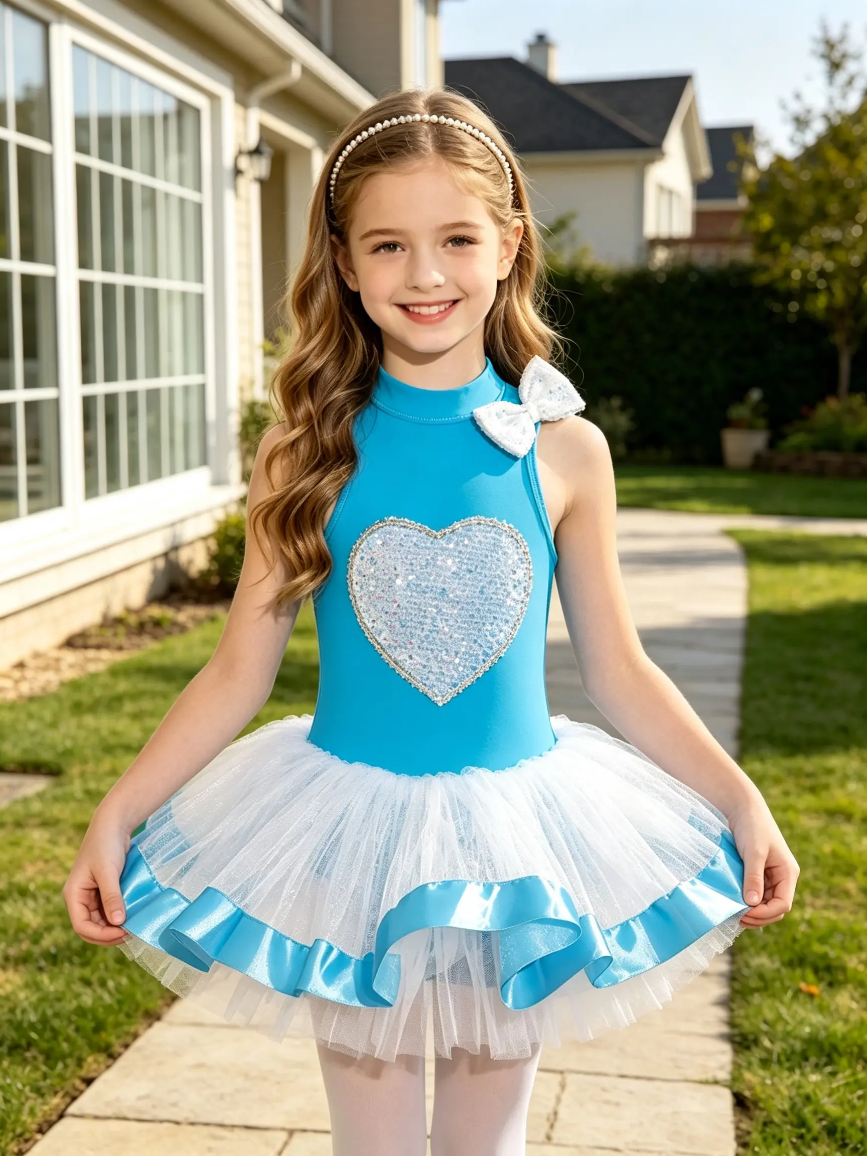 Girls Blue Sequin Heart Dance Tutu Dress with Shoulder Bow, High Neck Sleeveless Leotard Skirt for Ballet Recital, Jazz Class & Stage Performance