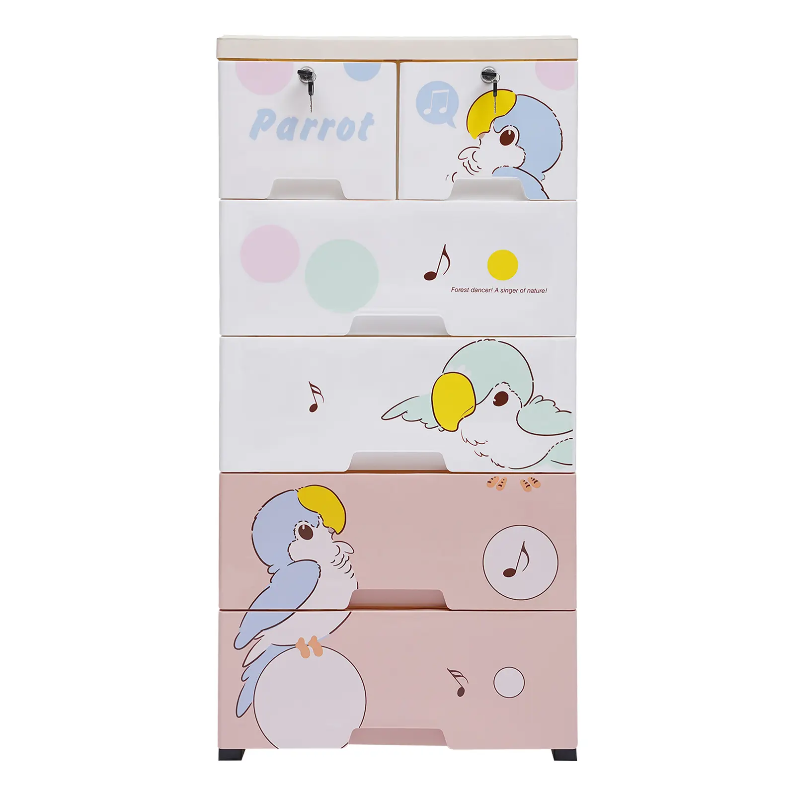 5-Tier Plastic Storage Cabinet with 6 Drawers, Parrot Pattern, Food-Grade PP Material, Rolling Design, Suitable for Children’s Rooms & Bedrooms