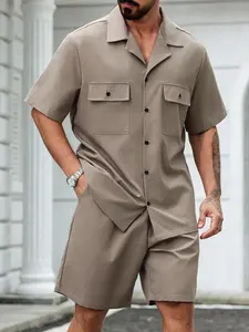Summer Men's Plus Size Two-Piece Set Outfit, Cuban Collar Shirt + Shorts, Pocket Design, Casual Streetwear, Tall Fit, Tropical