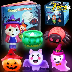 Halloween Light Up Bath Toys for Toddlers Kids, 7PCS No Hole Bath Toys with Magic Book, Witch,Cauldron,Bat, Ghost, Pumpkin, Spider, Halloween Party Favors Treat Bags Gift for Boys Girls Ages 3+