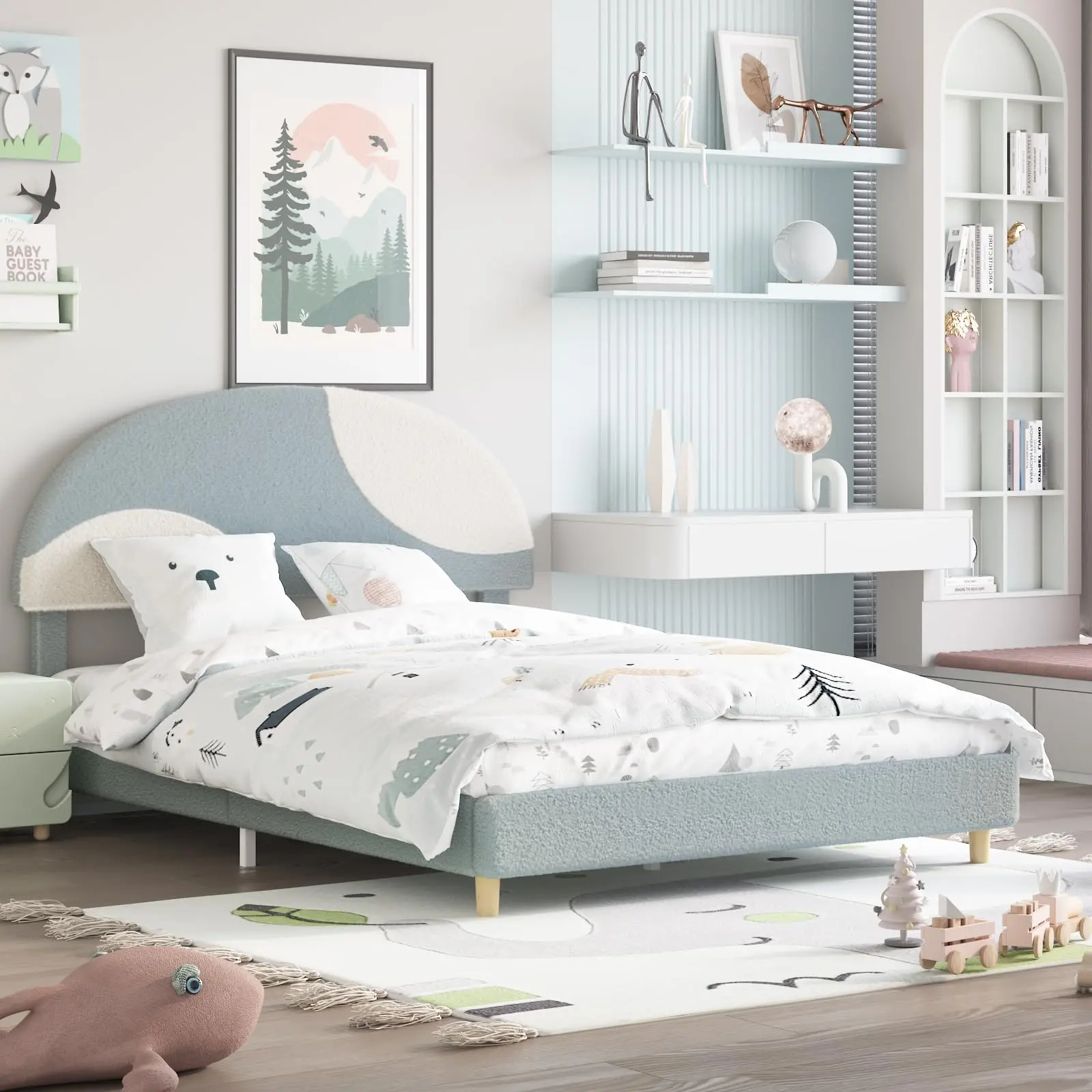 Garvee Full Bed Frame with Round Boucle Upholstered Arch-Shaped Headboard in Soft Blue and White, Modern Design with Wooden Slats, No Box Spring Needed, Easy Assembly