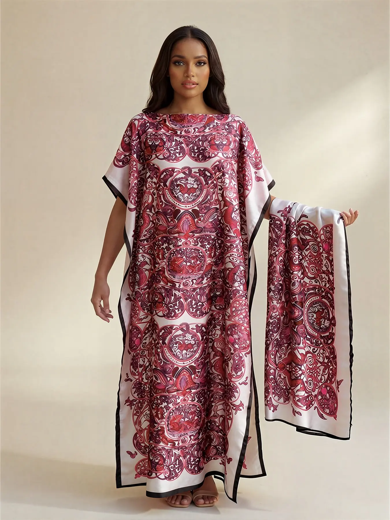 Women's Long Baroque Pattern Satin Shawl Wrap and Scarf Set, Lightweight Silk Feel, Perfect Fashion Accessory for Spring and Fall