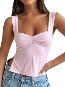 Women’s Sleeveless Slim Crop Tank Top Sexy Pleated Bustier Sweetheart Neck Strappy Slits Cropped Vest Cami Backless Top Womenswear Tube
