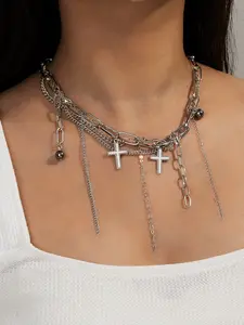 Y2K Sweet Cool Punk Choker Necklace, Multi-Layer Fringe Cross Pendant, Metal Chain Jewelry, Style, Fashion Accessory