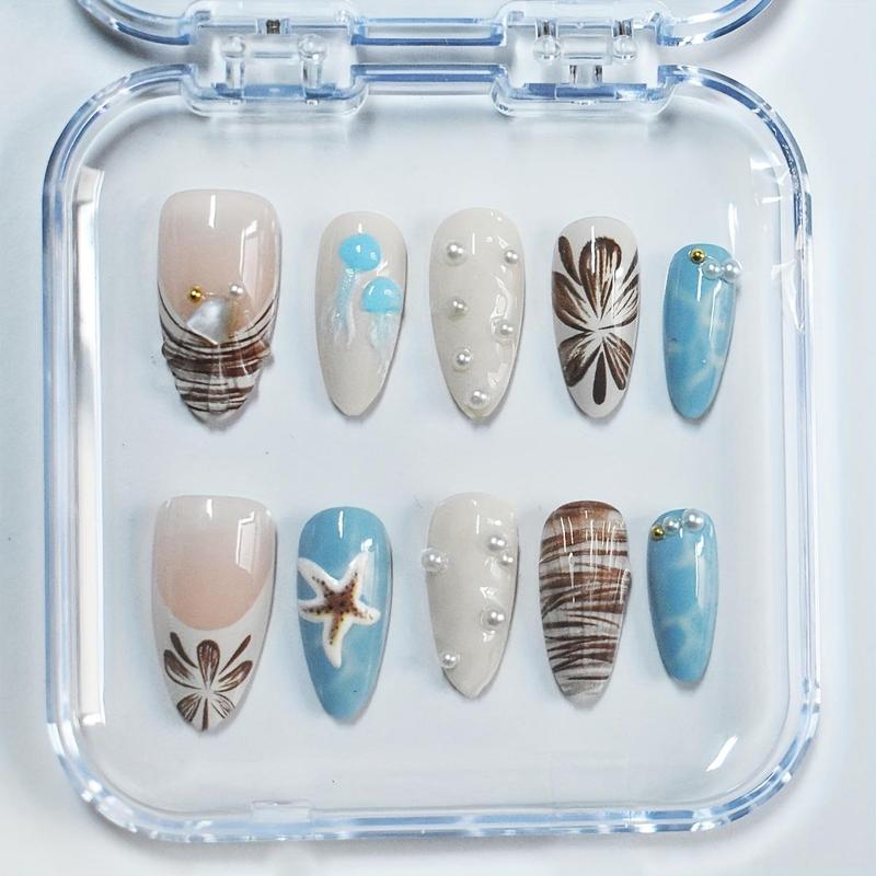 10 Pcs Medium Almond Press-On Nail Set, Includes 3D Ocean Shell, Starfish, Pearl Decorations, Hand-Painted Floral Details, Easy DIY Beach Vacation & Daily Charm Nails