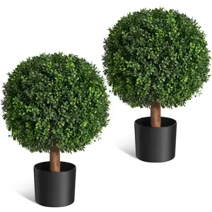 24 Inch Artificial Topiary Boxwood Ball Trees, Set of 2, UV Resistant Faux Boxwood Plants with Pots, Indoor Outdoor Fake Plants for Front Porch, Patio, Garden, Walkway, Entryway Home Decor