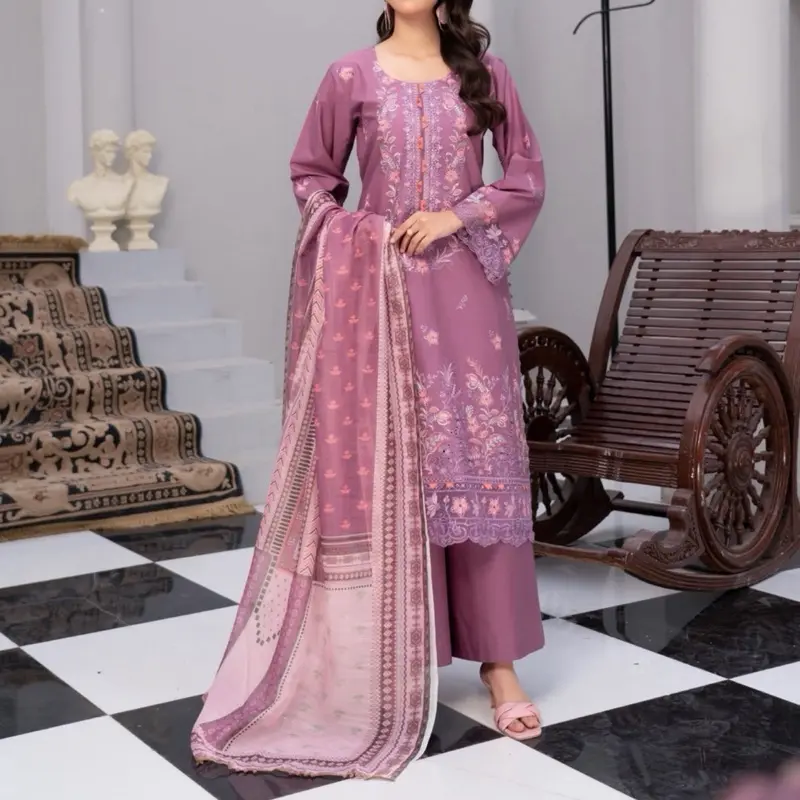 Pakistani Dress - 3PC Cotton Ensemble with Patchwork Shirt Diamond Printed Dupatta & Matching Trouser for Everyday Charm