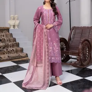 Pakistani Dress - 3PC Cotton Ensemble with Patchwork Shirt Diamond Printed Dupatta & Matching Trouser for Everyday Charm